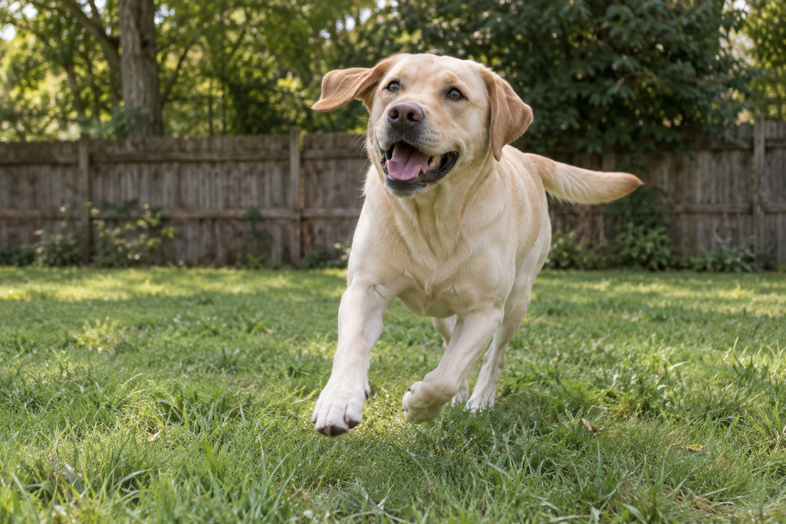 A yellow dog running through a grassy backyard.